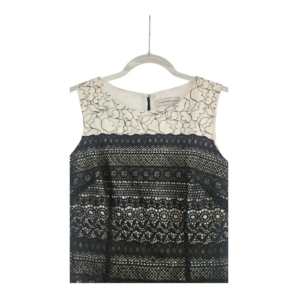 Katherine Kelly Dress Embroidered and Lace Sleeveless Sheath Black Ivory Size 4 - Picture 3 of 10